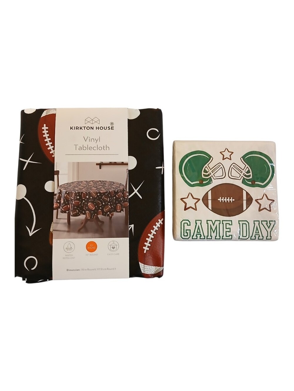 Kirkton House football vinyl tablecloth round 70 in. Game Day napkins set